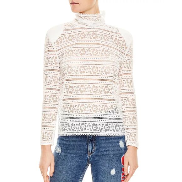 Sandro Hamia Floral Lace Top Mock Neck Long Sleeve Mesh Sheer Blouse White NWT - Picture 1 of 12
